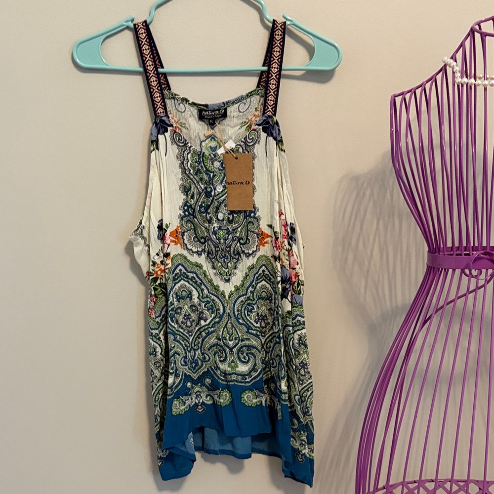 NWTs Natura White and Teal Paisley Print Sleeveless Blouse